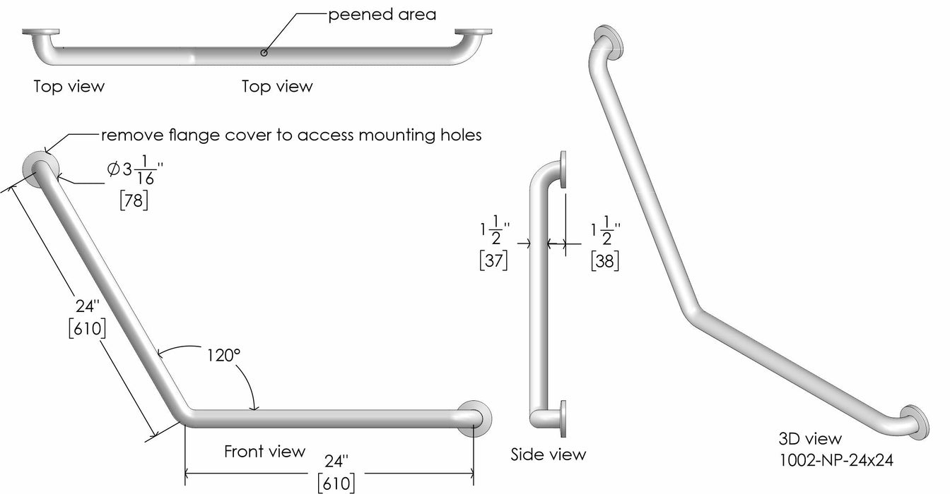 Durable peened finish stainless steel angled grab bar with snap on flanges
