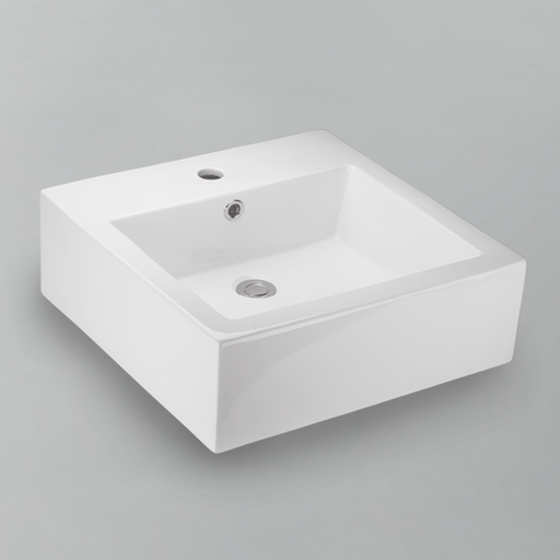 Acritec 36418 square counter-top basin in white ceramic, full top view showing 16.5-inch by 18.125-inch bowl