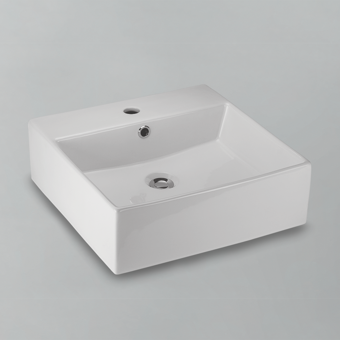 Acritec 36501 square counter-top basin in white ceramic, full top view showing 18-inch by 18-inch bowl