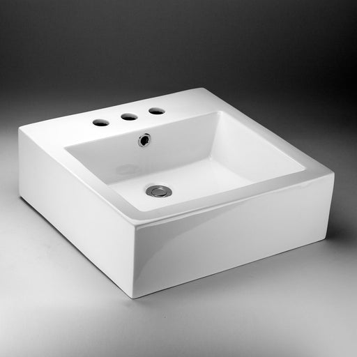 Acritec 36514 square counter-top basin in white ceramic, full top view showing 18.5-inch by 18.5-inch bowl with 4-inch centerset faucet holes