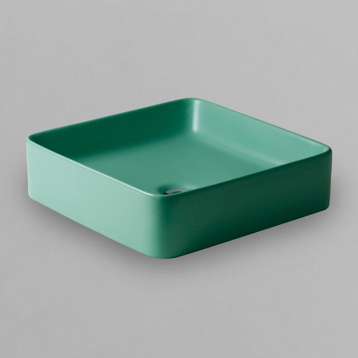 Acritec 36647-GRN square counter-top basin in green matte ceramic, full top view showing 14.25-inch by 14.25-inch bowl