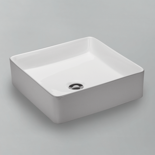 Acritec 36647 square counter-top basin in white gloss ceramic, full top view showing 14.25-inch by 14.25-inch bowl