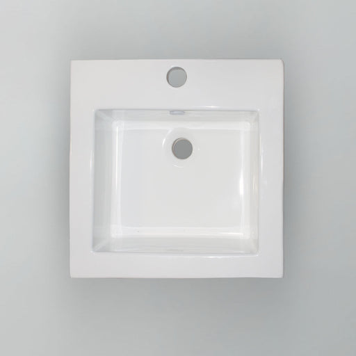 White square Acritec drop-in ceramic basin with scooped front on a contemporary vanity surface