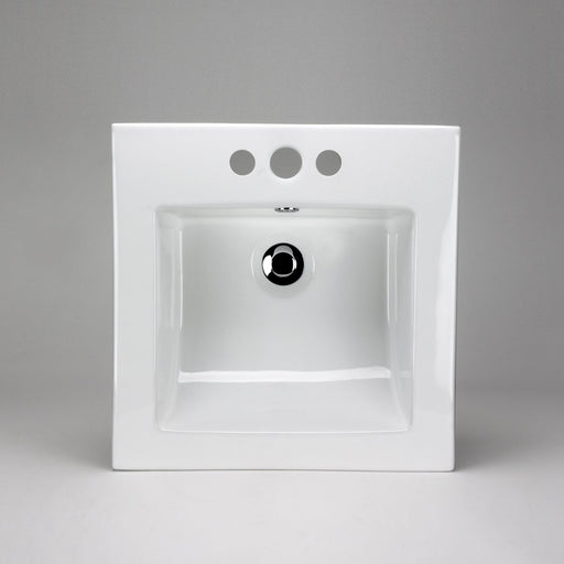 White square Acritec drop-in ceramic basin with scooped front and 4-inch centerset faucet holes on a stylish vanity