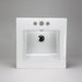 White square Acritec drop-in ceramic basin with scooped front and 4-inch centerset faucet holes on a stylish vanity
