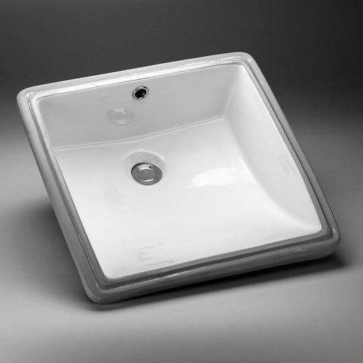 White square Acritec undermount ceramic basin with scooped front under a stylish countertop