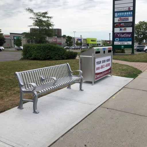 Front view of Alumni bench showing steel seat and powder painted finish