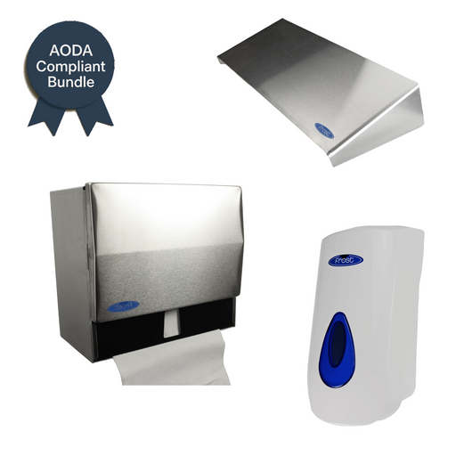 Frost AODA Compliant Sink Accessories Bundle with stainless steel soap dispenser, paper towel dispenser and heavy duty shelf