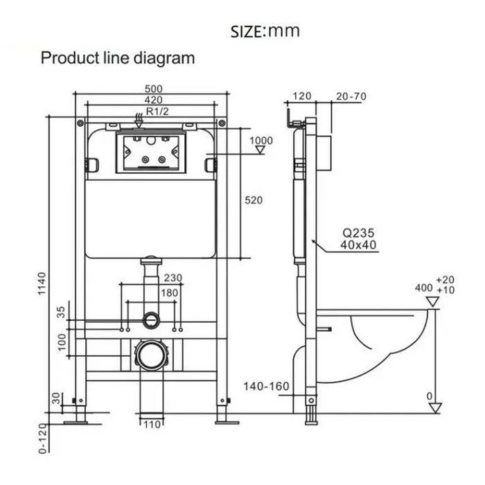 Comac wall-mounted toilet concealed cistern frame with 500 kg load-bearing capacity and press-button panel
