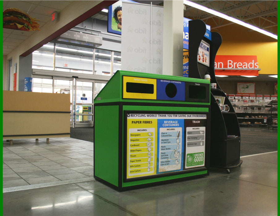Envyrozone Delano powder coated recycling station in outdoor Canadian setting