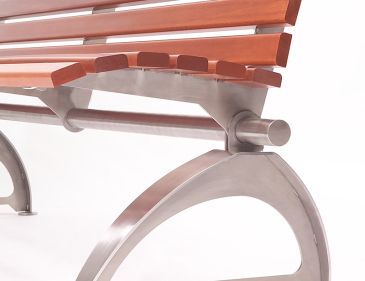 Firenze backed bench with armrests showing brushed stainless frame