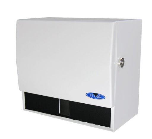 Frost 101-1 white steel paper towel dispenser with lock front view