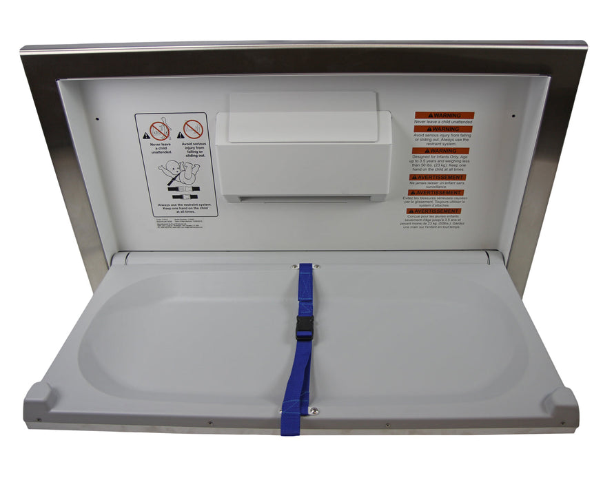Surface mount stainless steel baby change table installed in high-traffic facility restroom