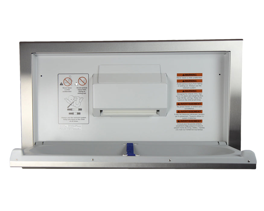 Surface mount stainless steel baby change table installed in high-traffic facility restroom