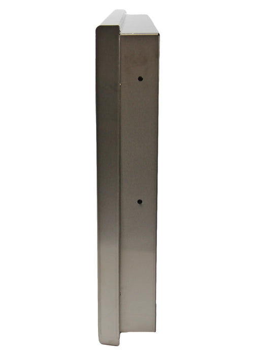 Professional grade stainless steel baby change table showing safety straps and bag holders