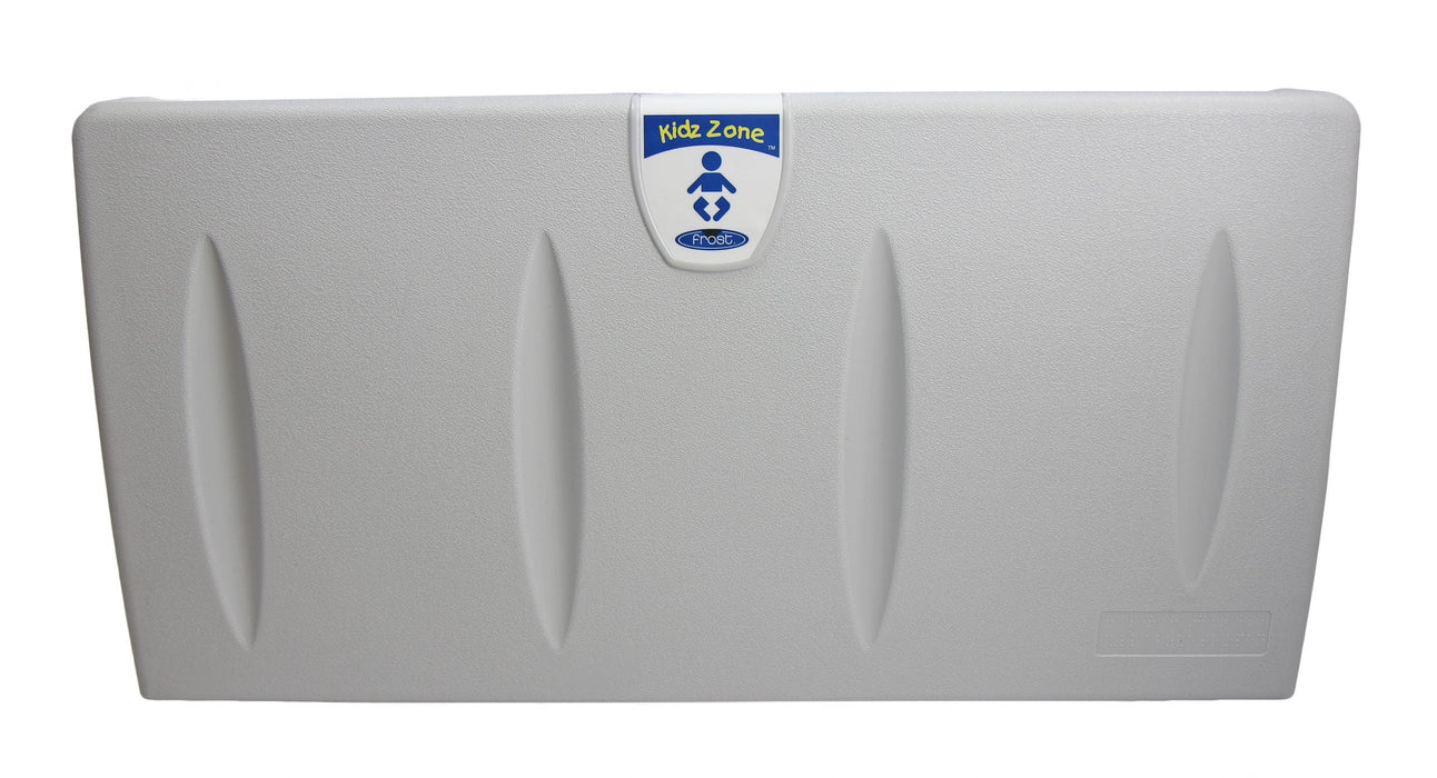 Slim profile baby change table installed in high-traffic public facility