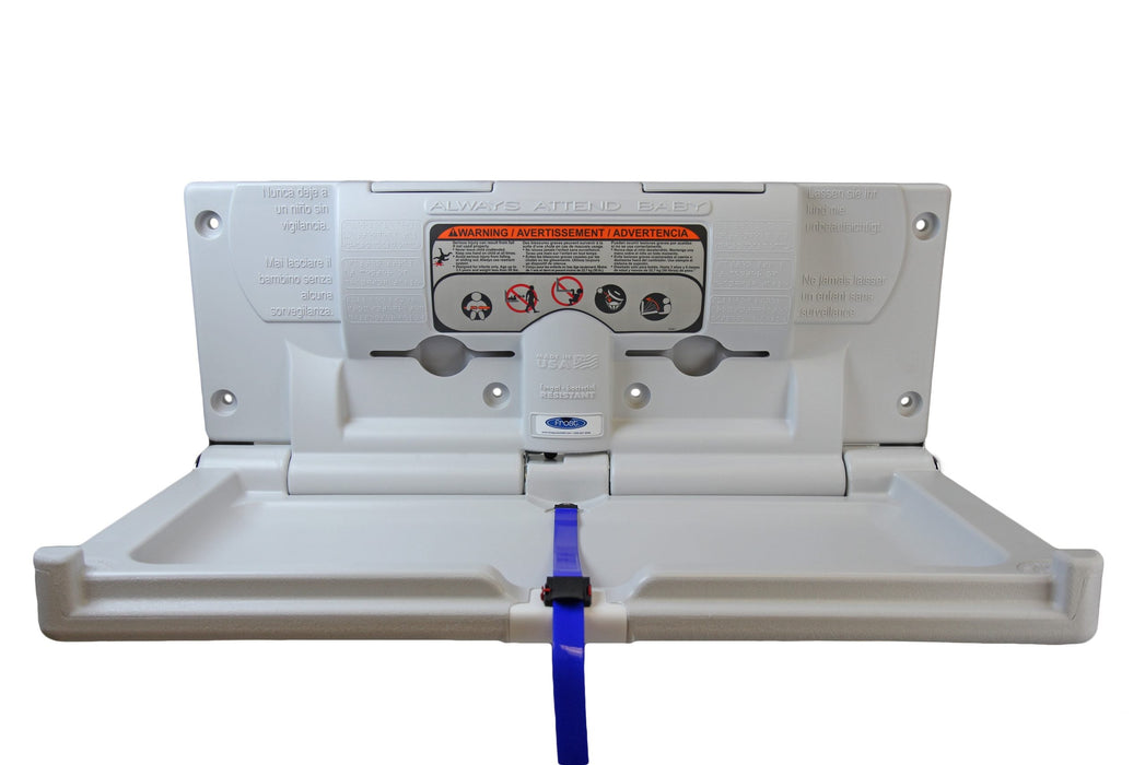 Wall mount commercial baby changing station showing bag hooks and wipe dispensers