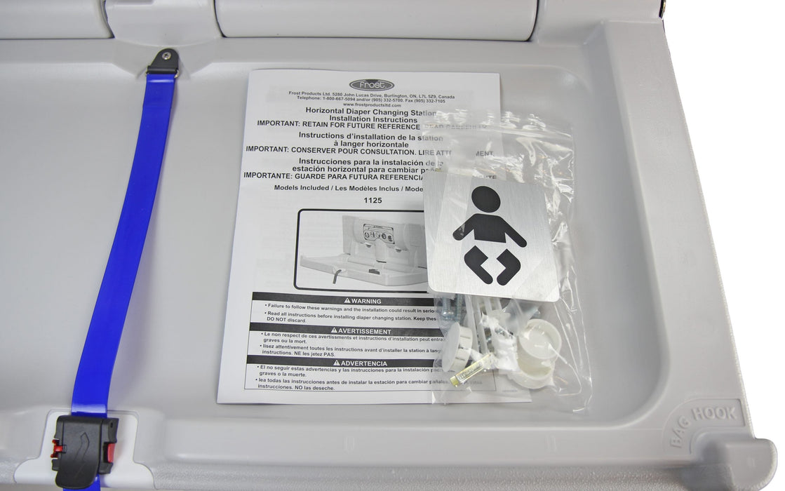 Wall mount commercial baby changing station showing bag hooks and wipe dispensers