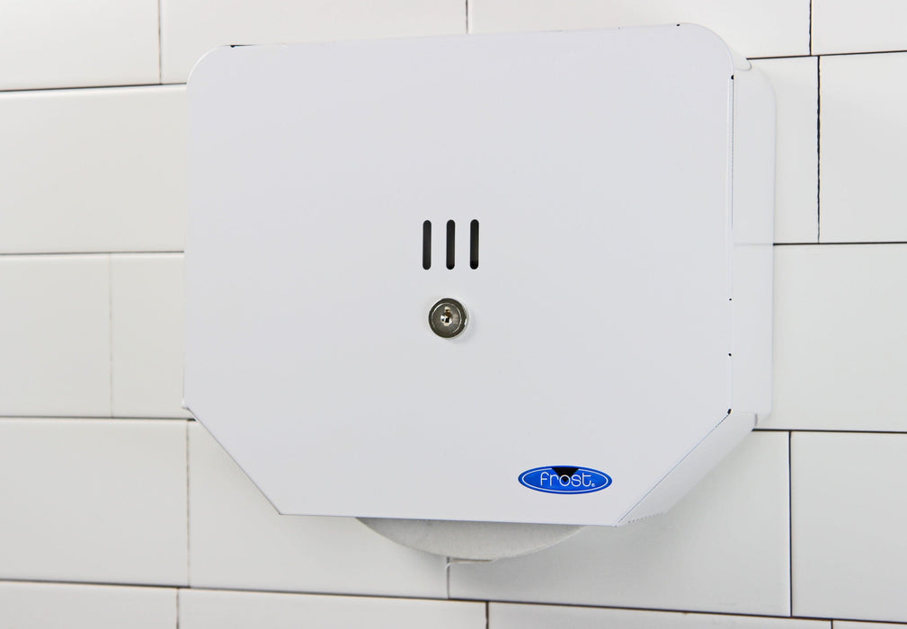 Frost 166 white steel jumbo toilet tissue dispenser in use