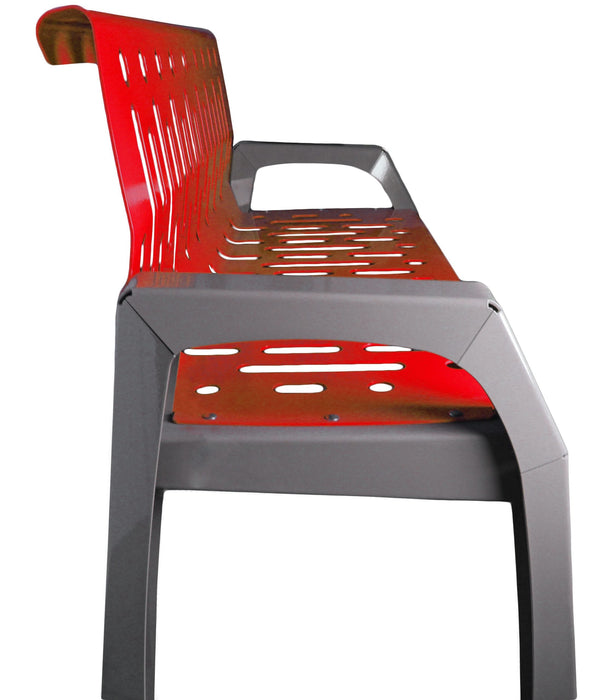 Red outdoor steel bench with anchorable feet installed in public plaza