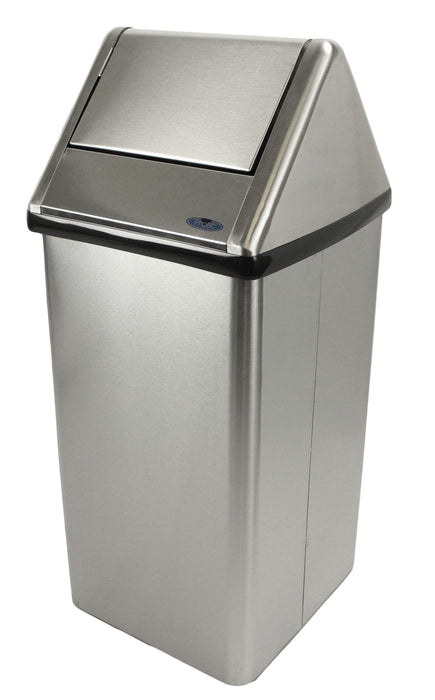 Front view of Frost 301NLS stainless steel swing-top waste receptacle with satin finish