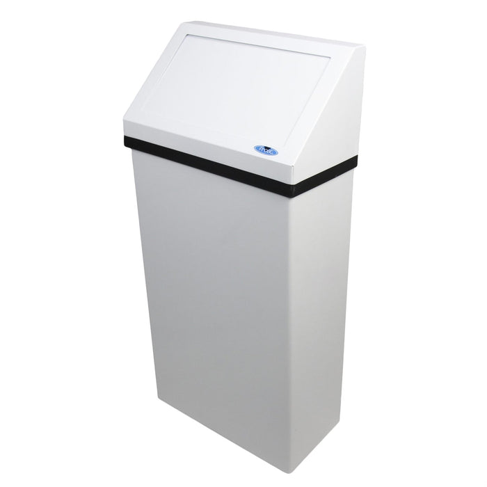 Front view of Frost 303 swing top waste receptacle with white epoxy finish