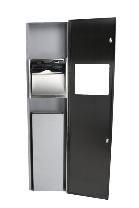 Open door view of Frost 410-14A with towel dispenser and 16.5-liter bin