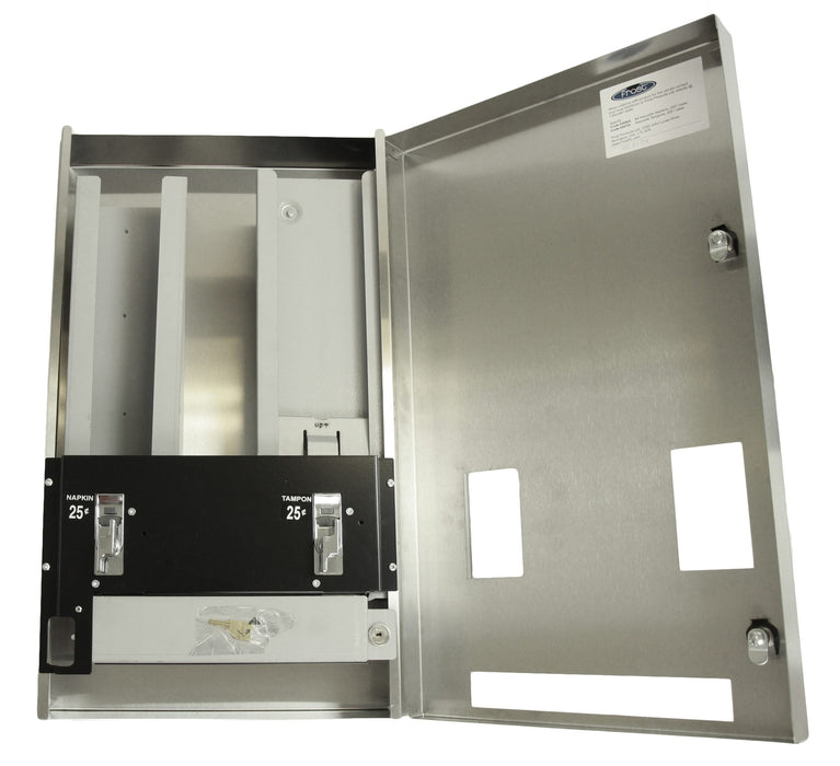 Frost 608-3 surface-mounted stainless steel napkin/tampon vendor, brushed finish, free or coin-operated, ADA-compliant