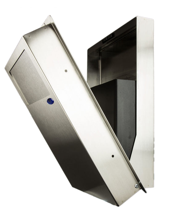 Frost 640 Partition Mounted Napkin Disposal - Side Angle Highlighting Self-Closing Inlet Doors and Leak-Proof Plastic Bin for Easy Maintenance