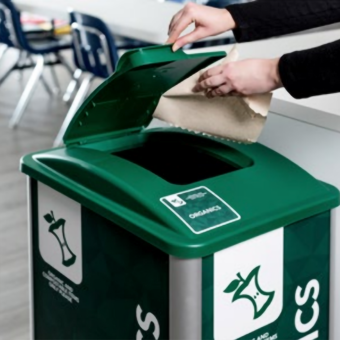 Mosaic single organics bin with optional caster kit installed for easy movement