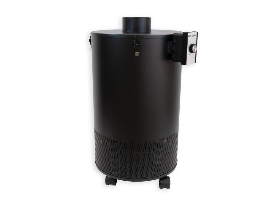 Airpura 900 air purifier Black side profile showing compact 27 inch height and casters