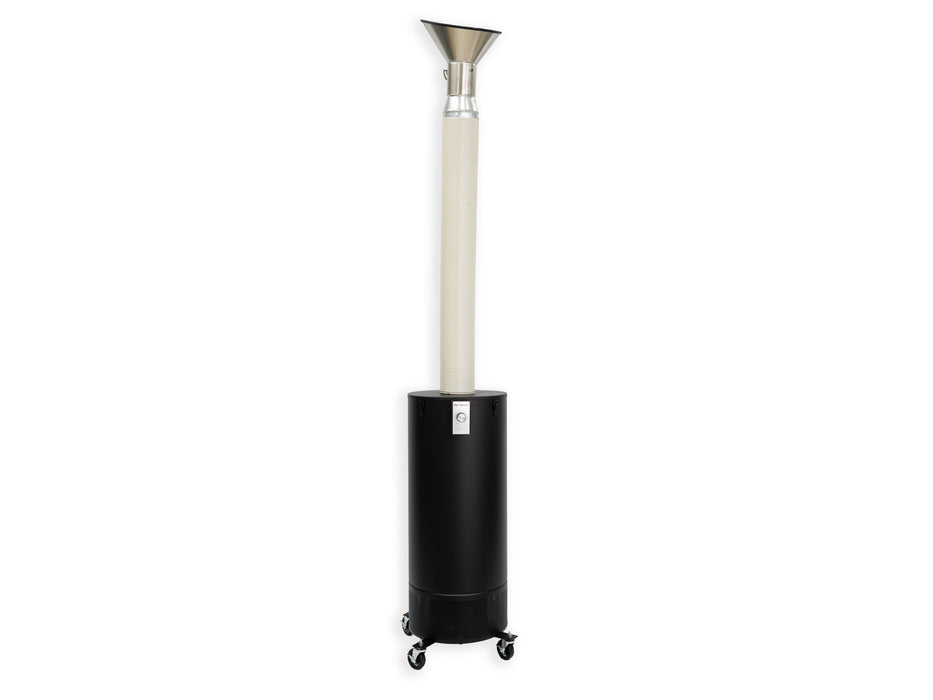 airpura-900max-black-with-hose-vertical.jpg — Airpura 900 Max with flexible intake hose and funnel attached, full unit view