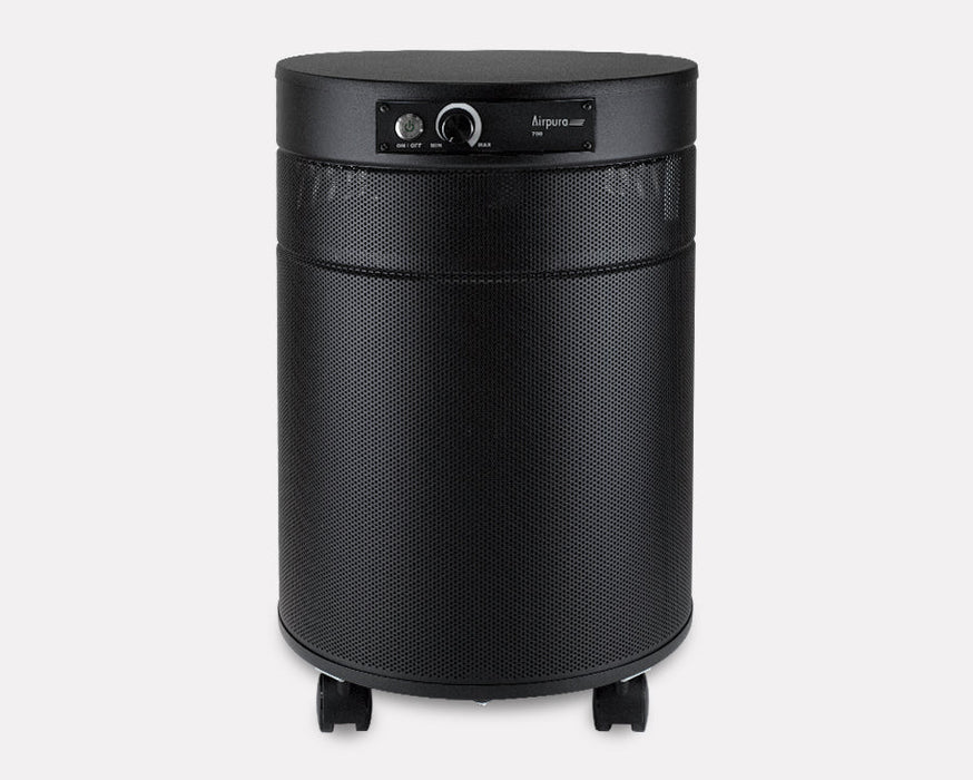 Airpura F700 commercial formaldehyde and VOC air purifier in Black front angled view for facility use