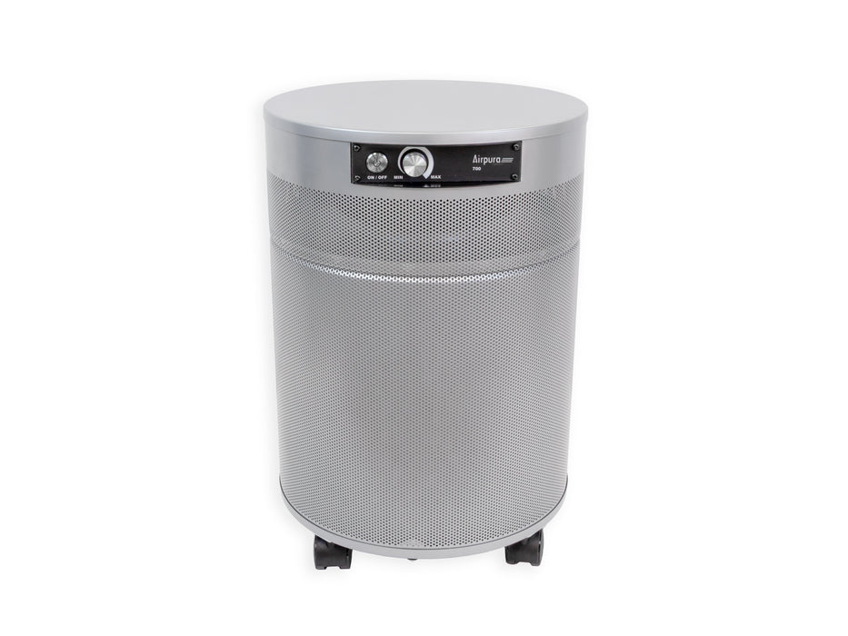 Airpura F714 commercial air purifier Soft Silver side profile showing compact 23 inch height