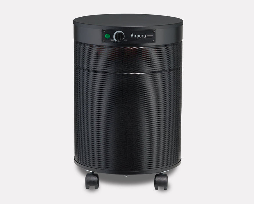 Black front angled view of Airpura UV600 commercial germ and mold air purifier with UV germicidal light