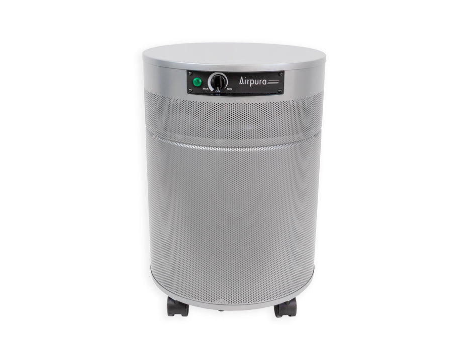 Soft Silver front angled view of Airpura V600 commercial VOC and chemical air purifier for wildfire smoke