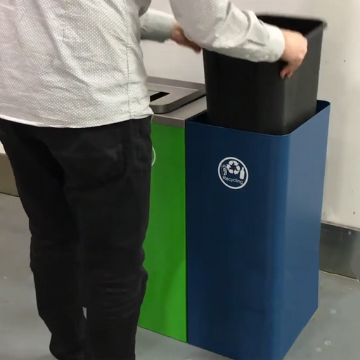 Front view of two curved Domain bins connected for recyclables and waste