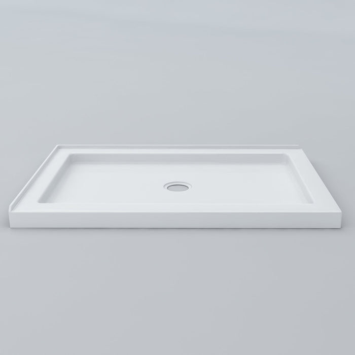 White Acritec low profile double threshold shower base with center drain and LH threshold in a modern rectangular bathroom setup