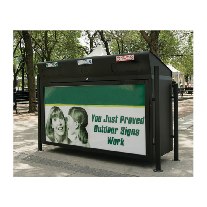Front view of Hazleton triple-stream bin with poster doors open