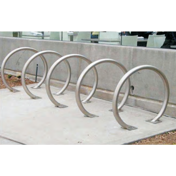 Close-up of horseshoe shaped stainless steel bike rack for secure locking