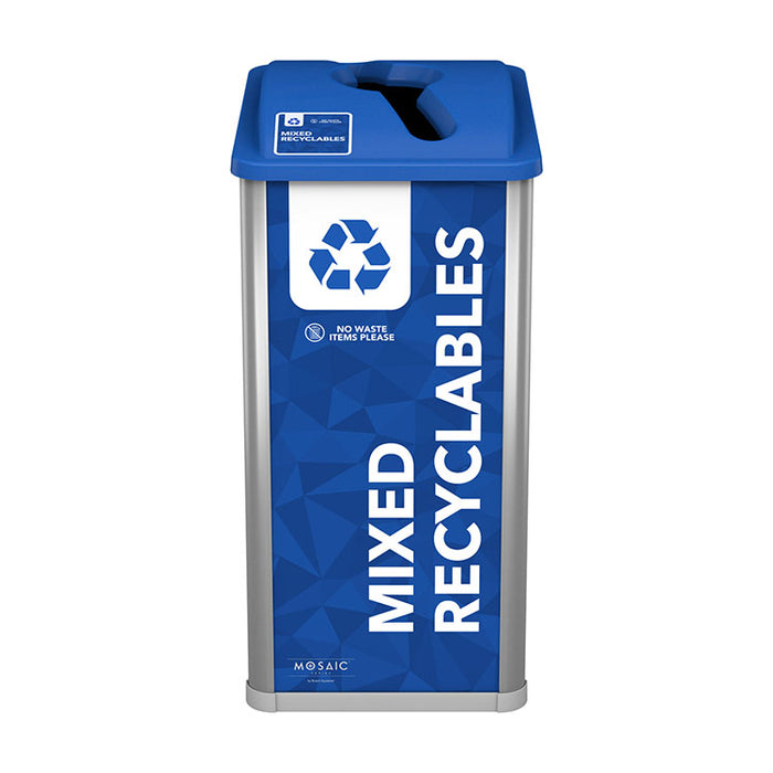 Close-up of royal blue slot lid (1.75″ × 11.25″) on Busch Mosaic 32 gal bin
