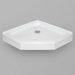 White Acritec neo angle shower base with standard drain in a modern corner bathroom installation