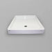 White Acritec regular profile single threshold shower base with end drain in a standard alcove shower setup