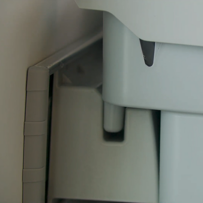 Rise wall-mounted double bin in narrow hallway setting
