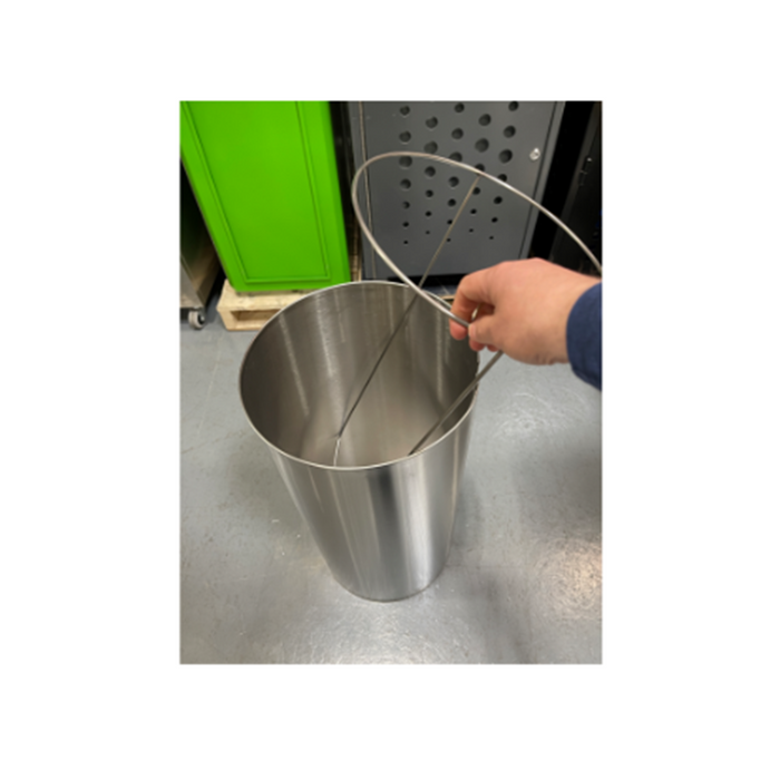 Front view of 14-inch diameter Pillars waste bin with brushed finish